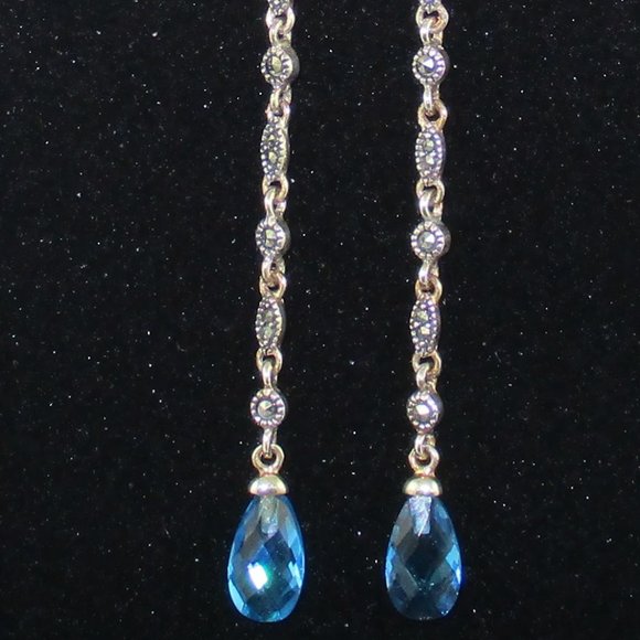 Blue Crystal & Marcasite Dangle Earrings - Picture 3 of 14